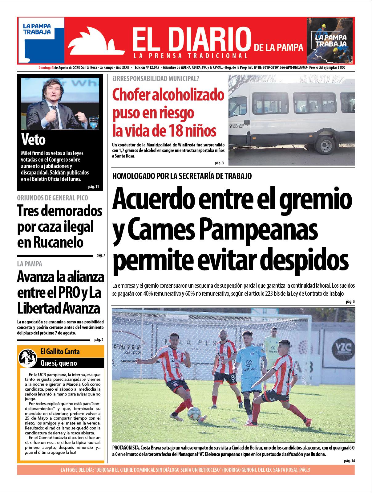 Tapa de El Diario en papel  domingo 03 de agosto de 2025